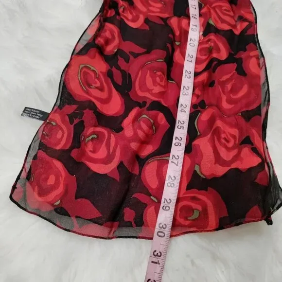 Zazou Floral Rose Lightweight Sheer Scarf Neckwear Red Black Women's Length 30" - Picture 6 of 7